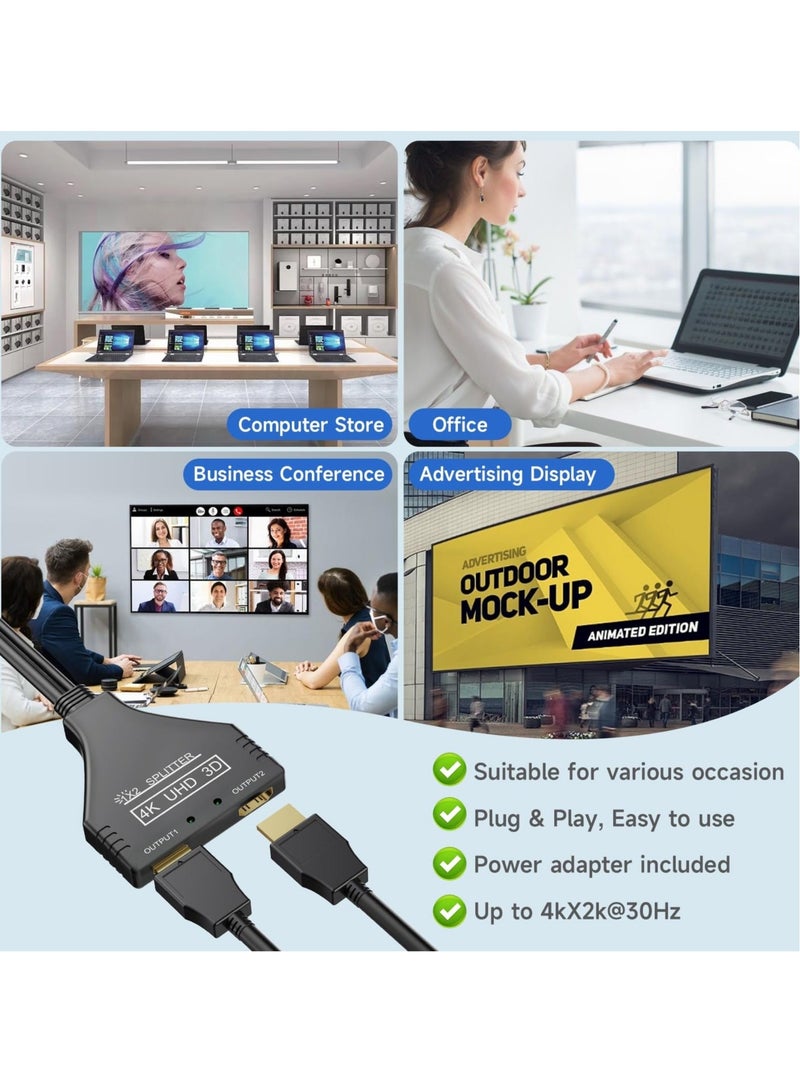 Captaintech 4K HDMI Splitter 1 in 2 Out, 4K 30Hz, HDMI 2.0 Cable Male to Dual Female, with Power USB Cable for HD, LED, LCD TV, Supports Dual Monitors Duplicated Mirror, 1080P 3D Full HD - Image 2