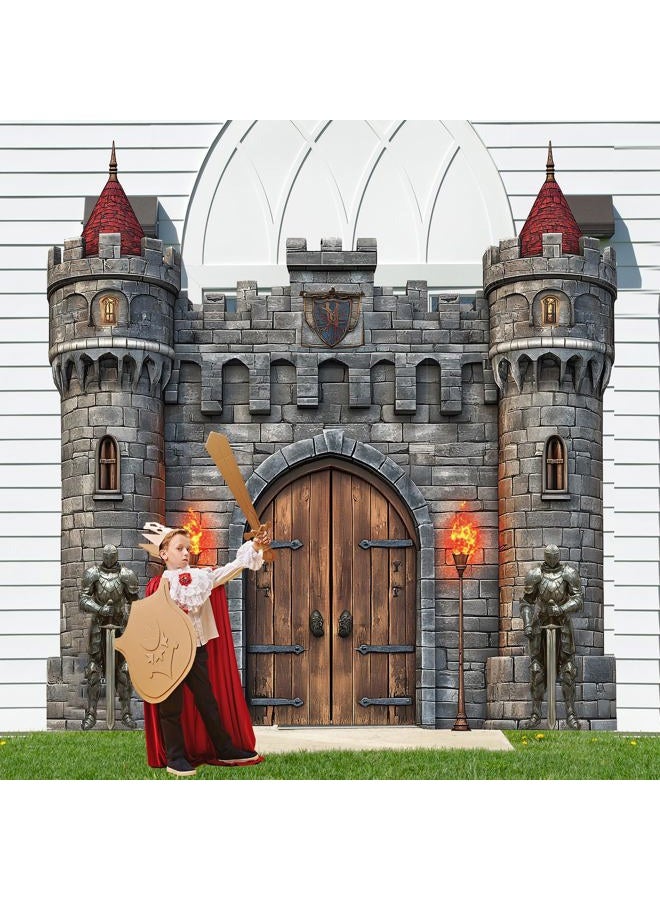 gisgfim 4 PCS Medieval Entryway Party Decorations Castle Door Covers Hanging Banner Porch Sign Medieval Castle Photo Props Background Torch Knight Porch Banner for Birthday Halloween Party Door Decor Supplies - Image 4