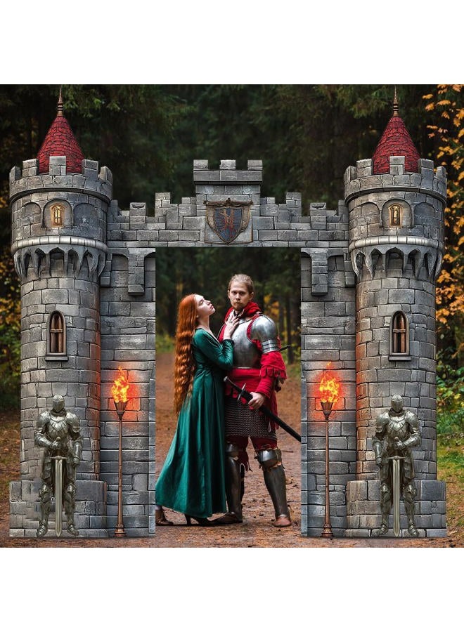 gisgfim 4 PCS Medieval Entryway Party Decorations Castle Door Covers Hanging Banner Porch Sign Medieval Castle Photo Props Background Torch Knight Porch Banner for Birthday Halloween Party Door Decor Supplies - Image 5