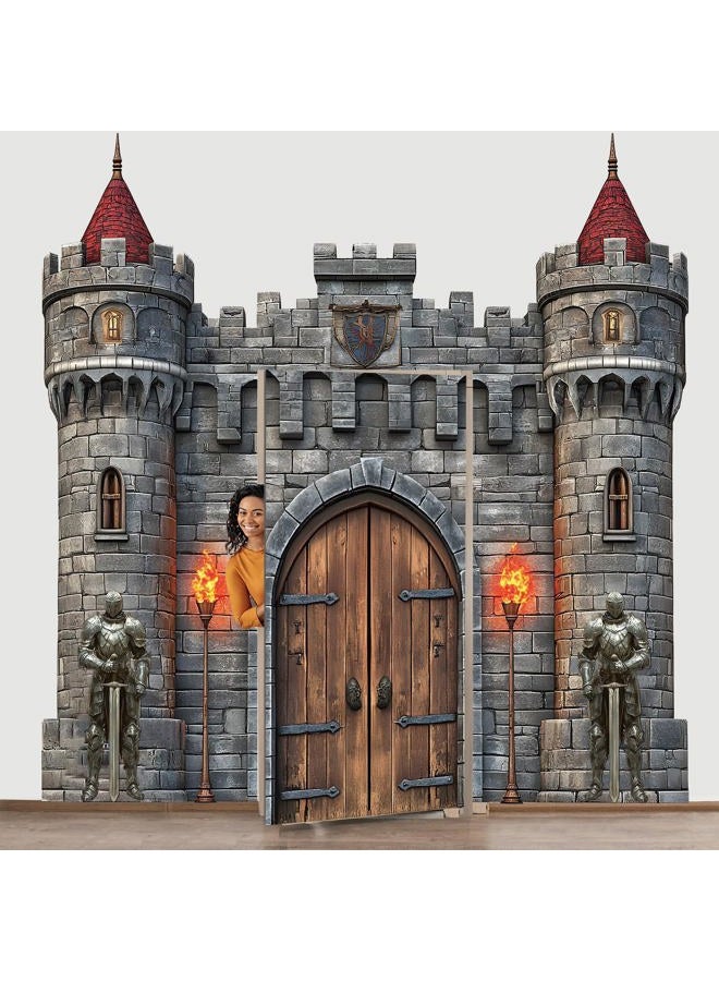 gisgfim 4 PCS Medieval Entryway Party Decorations Castle Door Covers Hanging Banner Porch Sign Medieval Castle Photo Props Background Torch Knight Porch Banner for Birthday Halloween Party Door Decor Supplies - Image 1