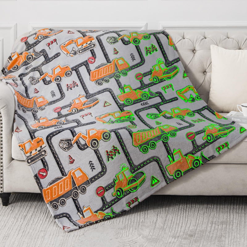 Levens Construction Truck Toys Gifts for Boys - Glow in The Dark Excavator Blanket Birthday Easter Christmas Valentine's Day Present for Kids Age 1 2 3 4 5 6 7 8 9 10 Year Old Toddler Soft Throw 50""x60"" - Image 1