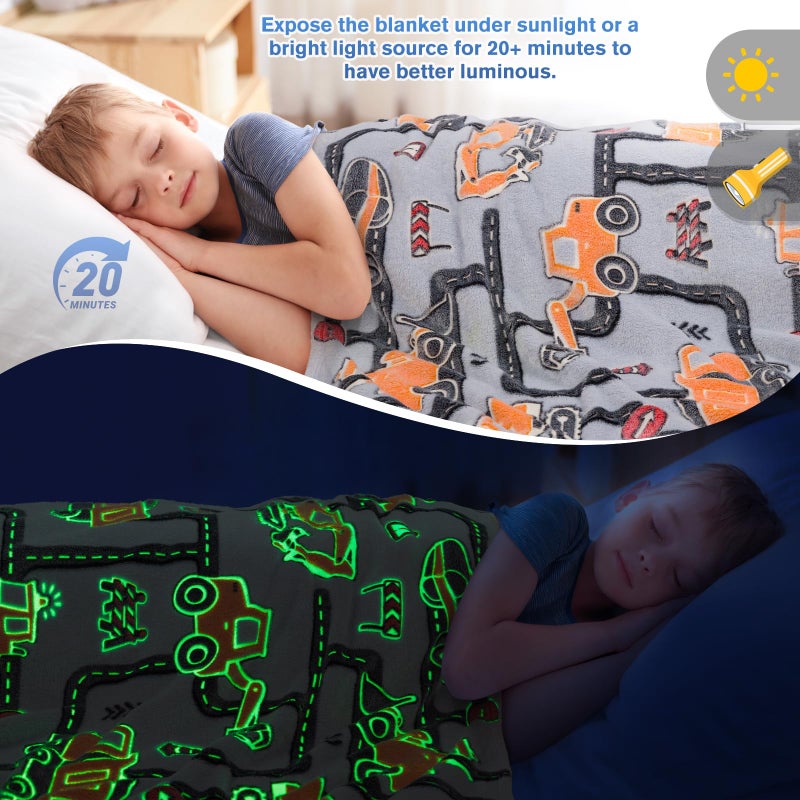Levens Construction Truck Toys Gifts for Boys - Glow in The Dark Excavator Blanket Birthday Easter Christmas Valentine's Day Present for Kids Age 1 2 3 4 5 6 7 8 9 10 Year Old Toddler Soft Throw 50""x60"" - Image 4