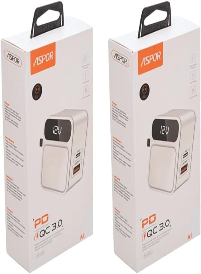 Aspor A835 LED Digital Display Fast Charger With PD And QC 3.0 EU For Mobile Phone Set of 2 Pieces - White