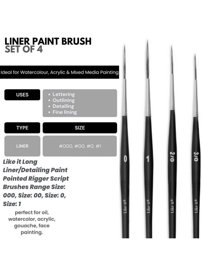 Like-It Like it Long Liner Detail Fine Tip Paint Brushes Set - 4 Pcs Professional Synthetic Bristles Fine Liner Brushes for Detailing & Painting for Acrylic, Oil, Watercolor & Gouache - Image 2