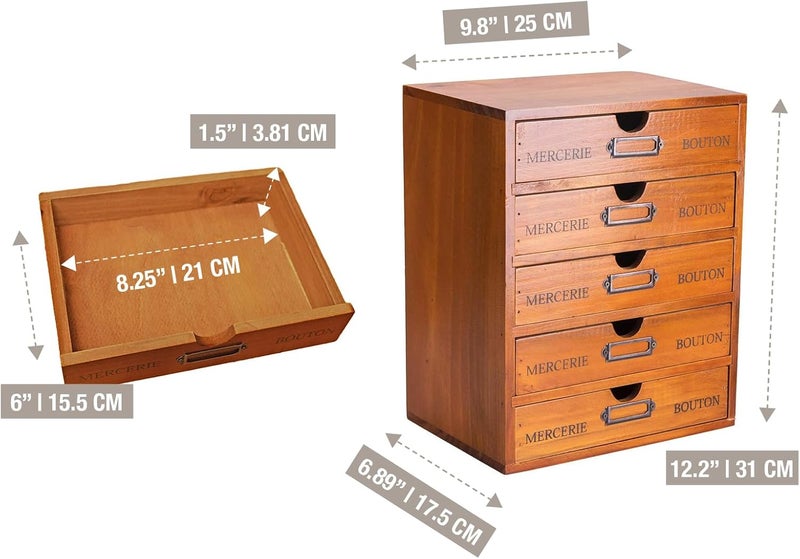 Primo Supply Vintage 5-Drawer Wooden Desk Organizer - Craft Storage Drawers - Rustic Shelf Drawer - Ideal Home Office Organizers and Accessories - Multilevel Table Top - Apothecary Cabinet, Art Storage I Stackable - Image 4
