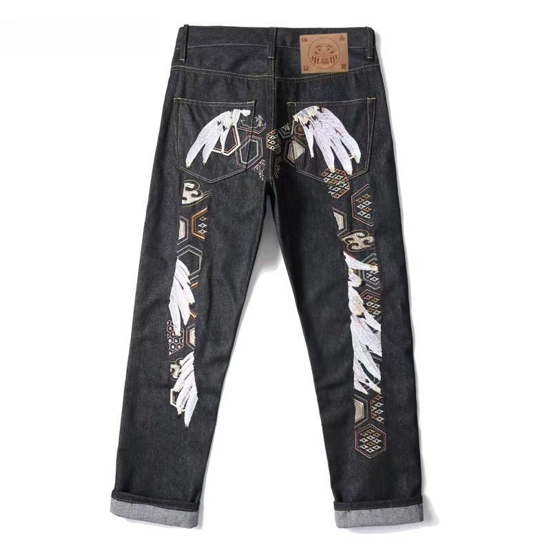 2023 Autumn Cross-border Explosions European and American High Street Hip-hop Graffiti Print Jeans Mens Fashion Brand Slim-fit Straight Wide-leg Pants Style four (collection priority delivery)