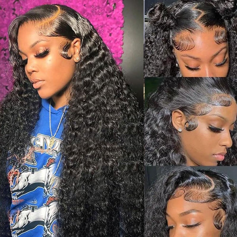 Rozilo Aomllute 30 Inch Deep Wave Lace Front Wigs Human Hair 200 Density 13x4 HD Lace Frontal Wigs Human Hair Pre Plucked Deep Curly Glueless Wigs Human Hair for Women Natural Black - Image 1