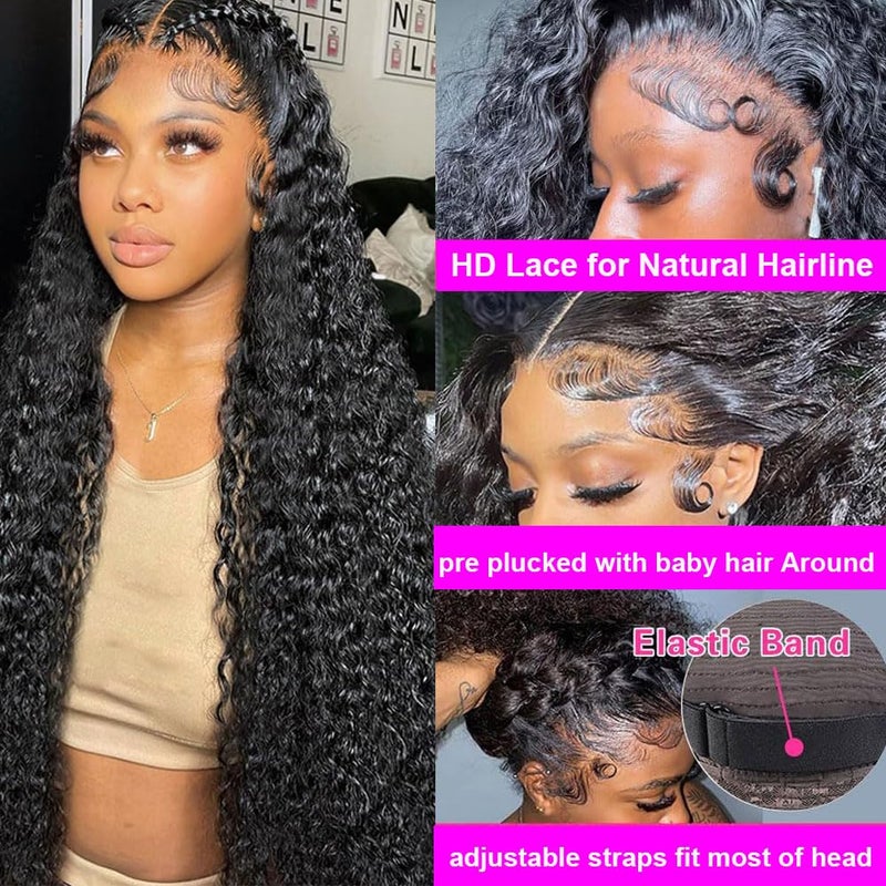 Rozilo Aomllute 30 Inch Deep Wave Lace Front Wigs Human Hair 200 Density 13x4 HD Lace Frontal Wigs Human Hair Pre Plucked Deep Curly Glueless Wigs Human Hair for Women Natural Black - Image 3