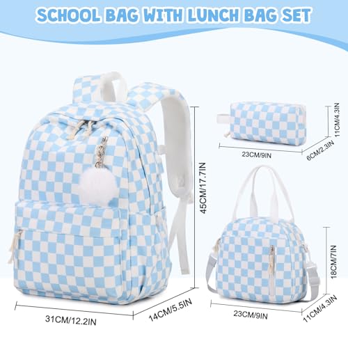 ACESAK Backpack for Girls Corduroy Girls Backpack with Lunch Bag Pencil Pouch for Teen Kids Laptop Backpack for Women Middle High School Bookbag Travel Daypack Blue Chessboard - Image 3