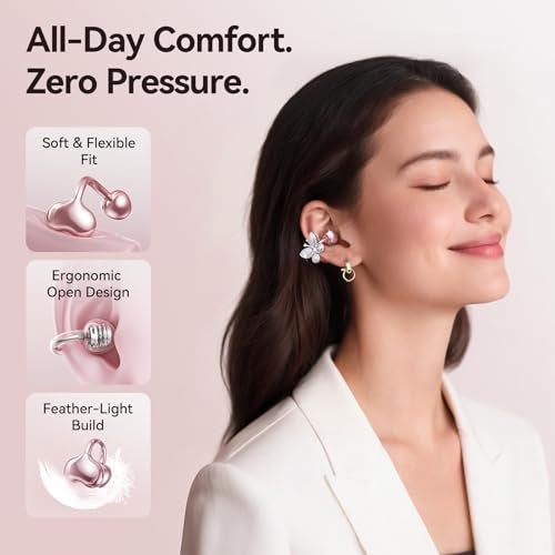 Kinglucky ClipFree Open-Ear Headphones with Butterfly Earrings, Ultra-Comfort & Snug Fit Clip On Earbuds, 50H Playtime Bluetooth 5.4 Wireless Headphones for Women Gifts, Sports & Workouts (Rose Gold) - Image 4