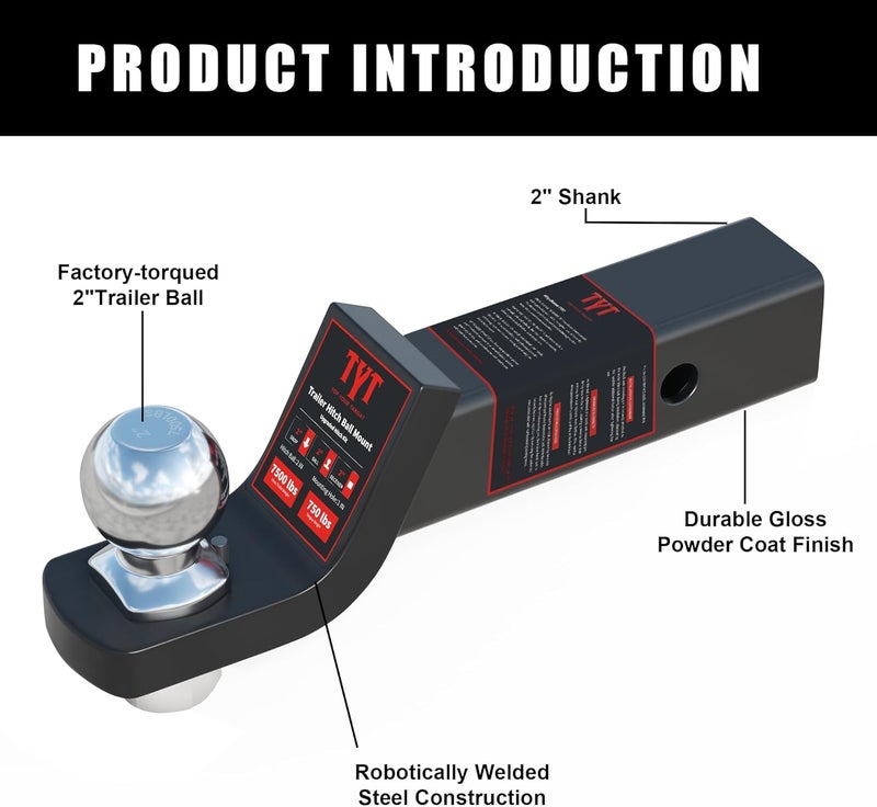 TYT Trailer Hitch Ball Mount with 2 Inch Ball & Pin, Fits 2 Inch Receiver, 7500lbs, 2 Inch Drop, Upgraded Hitch Kit Black with Anti-Rattle Pin - Image 5