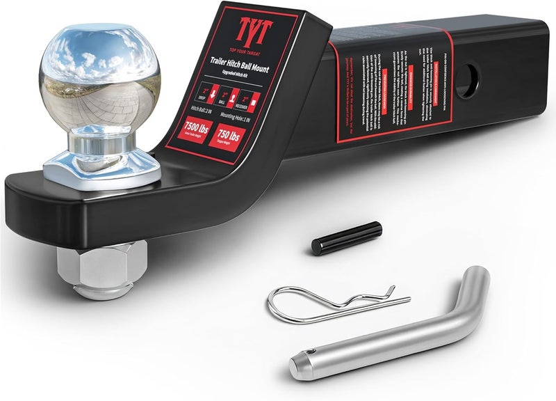 TYT Trailer Hitch Ball Mount with 2 Inch Ball & Pin, Fits 2 Inch Receiver, 7500lbs, 2 Inch Drop, Upgraded Hitch Kit Black with Anti-Rattle Pin - Image 1