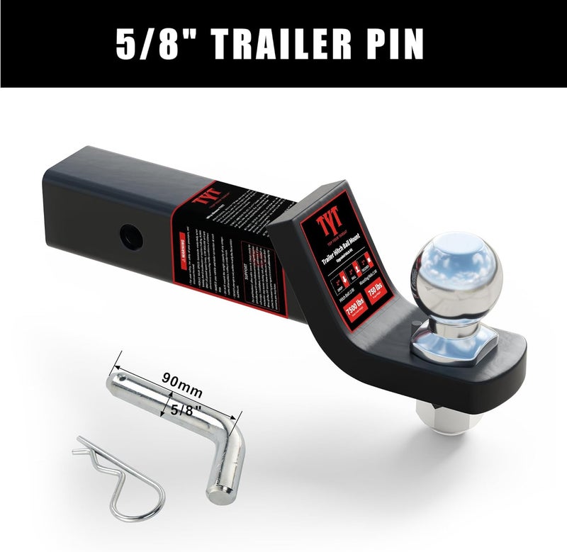 TYT Trailer Hitch Ball Mount with 2 Inch Ball & Pin, Fits 2 Inch Receiver, 7500lbs, 2 Inch Drop, Upgraded Hitch Kit Black with Anti-Rattle Pin - Image 4