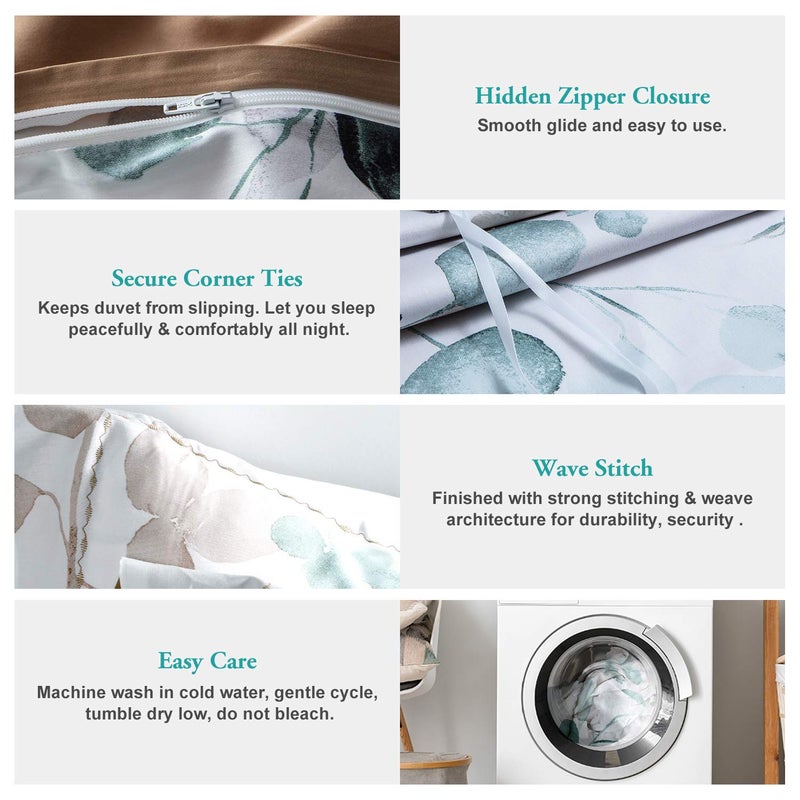 MILDLY 100% Long-Staple Cotton Duvet Cover Set, Gradient Teal Leaves Pattern Bedding Set 3pcs, Ultra Soft Breathable Chic Comforter Cover - Image 5