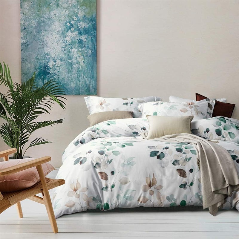 MILDLY 100% Long-Staple Cotton Duvet Cover Set, Gradient Teal Leaves Pattern Bedding Set 3pcs, Ultra Soft Breathable Chic Comforter Cover - Image 1