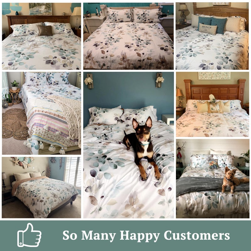 MILDLY 100% Long-Staple Cotton Duvet Cover Set, Gradient Teal Leaves Pattern Bedding Set 3pcs, Ultra Soft Breathable Chic Comforter Cover - Image 4