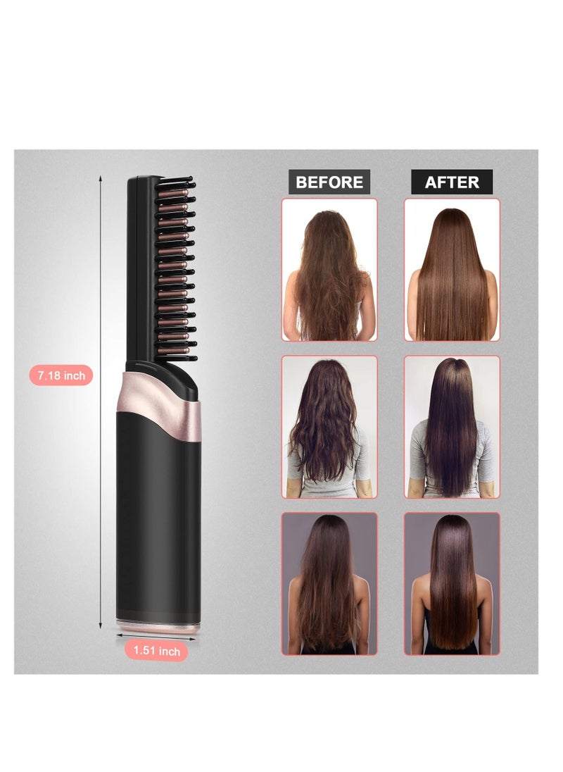 Excefore - Cordless Hair Straightener Brush, Mini Portable Hair Straightener Comb, Rechargeable Hot Hair Straightener Brush, with Anti-Scald & 3 Heating Level, for Women Men Home Travel (Black) - Image 1