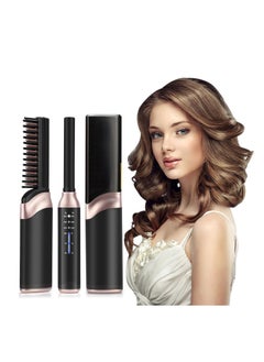 Cordless Hair Straightener Brush, Mini Portable Hair Straightener Comb, Rechargeable Hot Hair Straightener Brush, with Anti-Scald & 3 Heating Level, for Women Men Home Travel (Black)