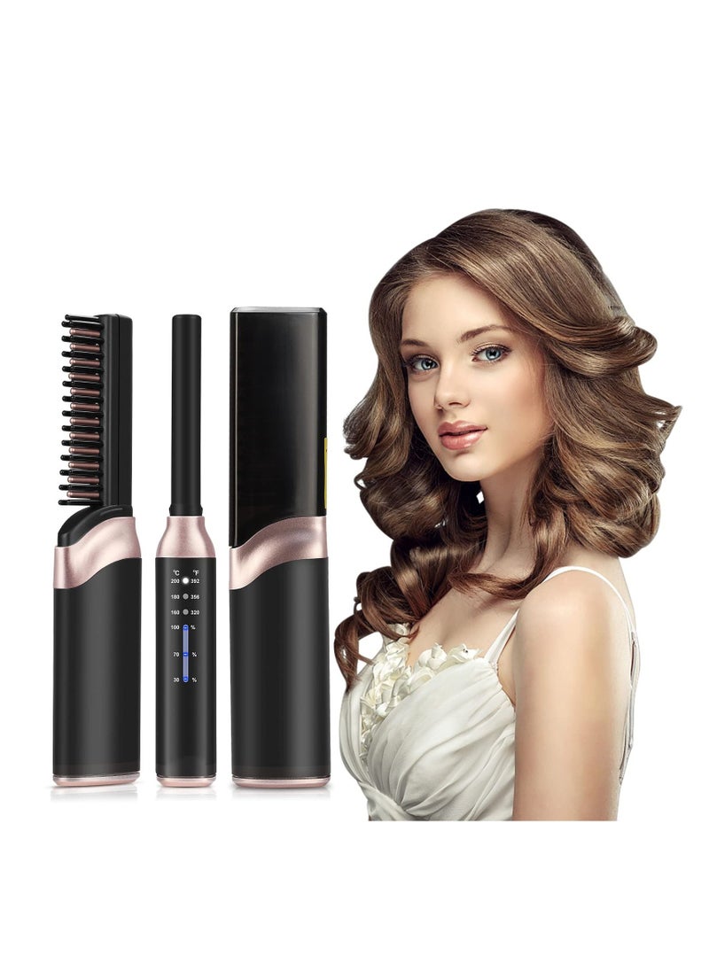 Excefore - Cordless Hair Straightener Brush, Mini Portable Hair Straightener Comb, Rechargeable Hot Hair Straightener Brush, with Anti-Scald & 3 Heating Level, for Women Men Home Travel (Black) - Image 1