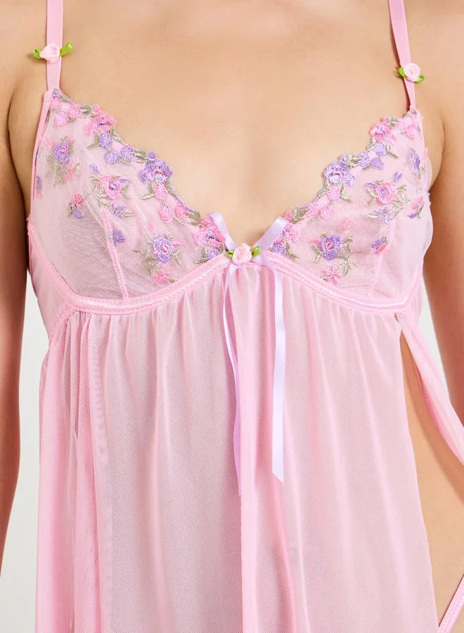 Take Two Pink Sheer Floral Embroidered Babydoll with Brief