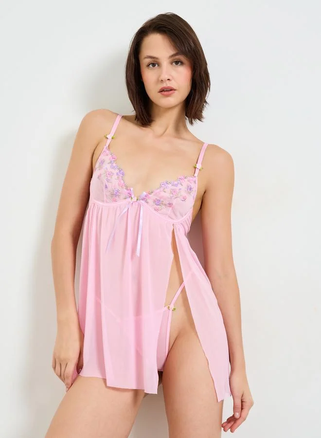 Take Two Pink Sheer Floral Embroidered Babydoll with Brief