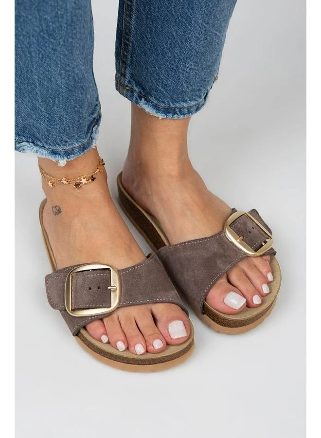 Women's Genuine Leather Single Strap Brown Gold Slippers - Brown