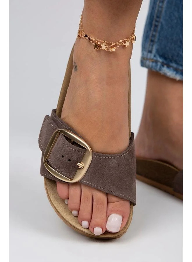 Manijero  Women's Genuine Leather Single Strap Brown Gold Slippers - Brown for Women | Best Price UAE