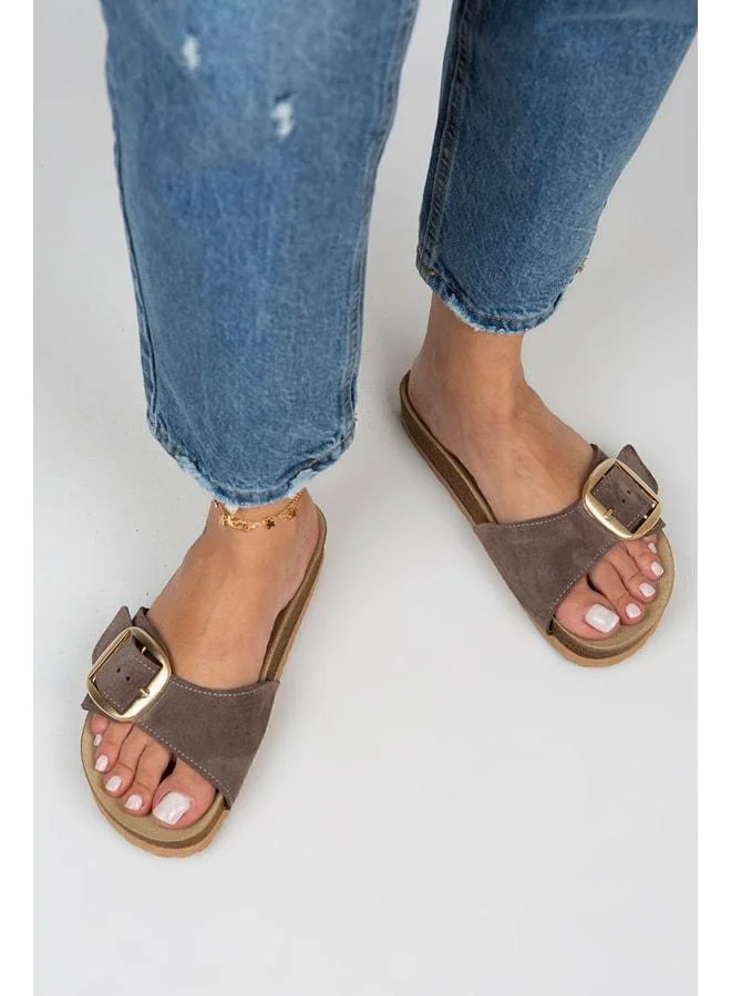 Manijero  Women's Genuine Leather Single Strap Brown Gold Slippers - Brown for Women | Best Price UAE
