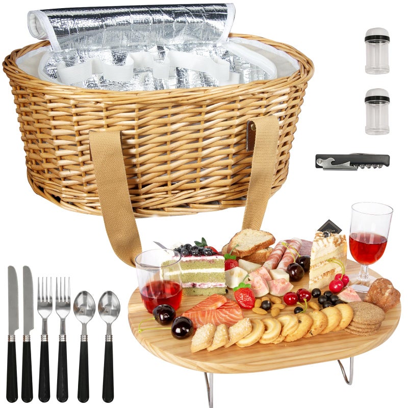 Hap Tim Wicker Picnic Basket Set for 2 with Mini Folding Wine Picnic Table Large Insulated Cooler Bag Cutlery Service Kits for 2 Person Couples Gifts Wedding Gifts Y22092CM - Image 2