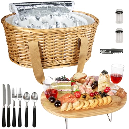 Hap Tim Wicker Picnic Basket Set for 2 with Mini Folding Wine Picnic Table Large Insulated Cooler Bag Cutlery Service Kits for 2 Person Couples Gifts Wedding Gifts Y22092CM - Image 1