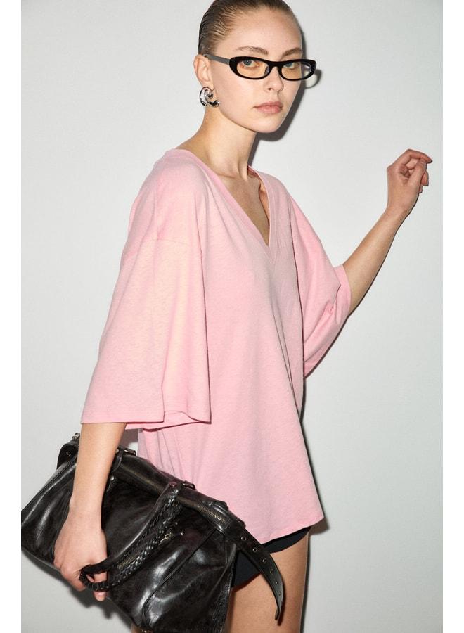 GRIMELANGE SYLORA Women's Organic Cotton Linen Blend V-Neck Comfortable Fit Pink T-Shirt. - Image 3