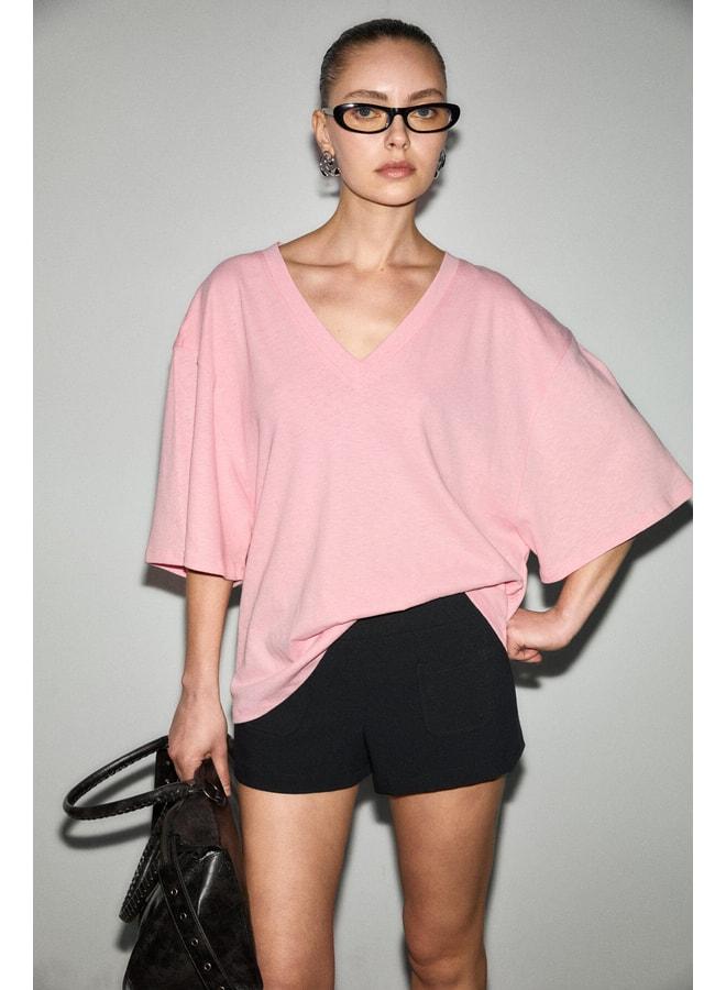 GRIMELANGE SYLORA Women's Organic Cotton Linen Blend V-Neck Comfortable Fit Pink T-Shirt. - Image 1