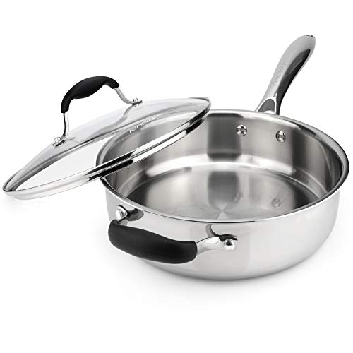 AVACRAFT 1810 TriPly Stainless Steel Saute Pan with Lid Helper Handle Induction Stovetop Versatile Stainless Steel Skillet Cookware 35 Quarts