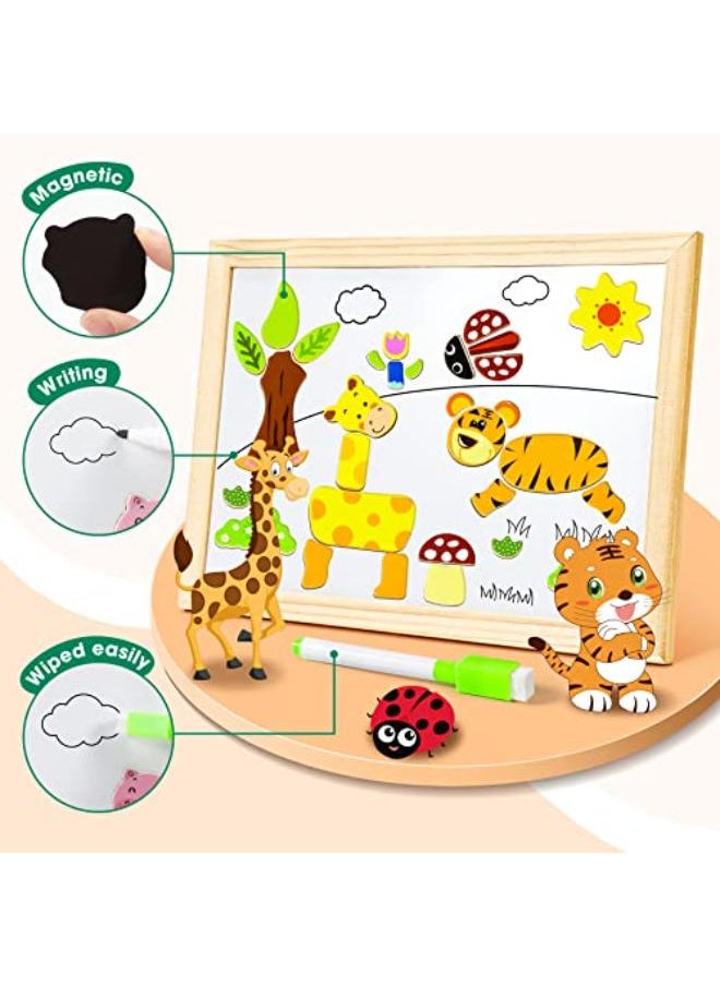 COOLJOY 100+ Pieces Magnetic Wooden Jigsaw Animal Jigsaw with Chalkboard Easel Double-Sided  - Image 2