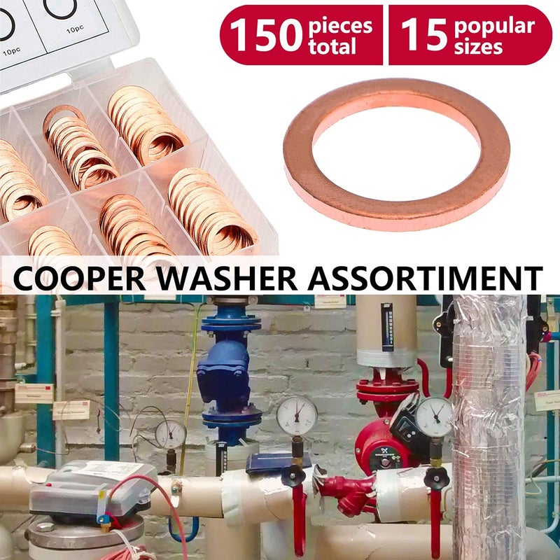 Toolwiz 150PCS 15 Sizes Copper Washers Metric Sealing Assortment Set M17.5-M5 Flat Ring Sump Plug Crush Washer Oil Drain Plug Gasket Seal Assortment Set M5/6/7/8/10/10.5/11/12/12.5/14/15/16/16.5/17.5 - Image 5