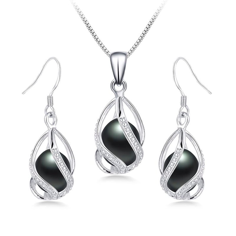 HENGSHENG Pearl Jewelry Set For Women S925 Sterling Silver Necklace & Earrings Set Freshwater Pearl Pendant Cage Set for Wedding Anniversary Prom Birthday Gift - Silvery Black