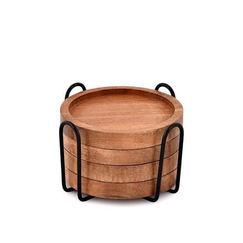 EDHAS Acacia Wood Round Coasters Set of 4 with Iron Holder for Drinks, Tabletop Protection for Any Table Type for Bar Kitchen Home Apartment (4 x 4 x 0.5) - Image 1