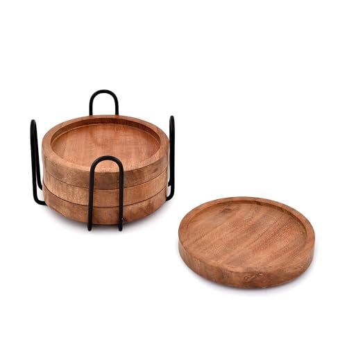 EDHAS Acacia Wood Round Coasters Set of 4 with Iron Holder for Drinks, Tabletop Protection for Any Table Type for Bar Kitchen Home Apartment (4 x 4 x 0.5) - Image 3