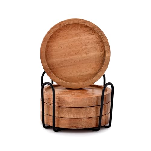 EDHAS Acacia Wood Round Coasters Set of 4 with Iron Holder for Drinks, Tabletop Protection for Any Table Type for Bar Kitchen Home Apartment (4 x 4 x 0.5) - Image 2