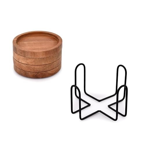 EDHAS Acacia Wood Round Coasters Set of 4 with Iron Holder for Drinks, Tabletop Protection for Any Table Type for Bar Kitchen Home Apartment (4 x 4 x 0.5) - Image 4