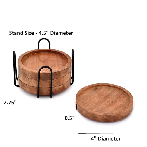 EDHAS Acacia Wood Round Coasters Set of 4 with Iron Holder for Drinks, Tabletop Protection for Any Table Type for Bar Kitchen Home Apartment (4 x 4 x 0.5) - Image 5
