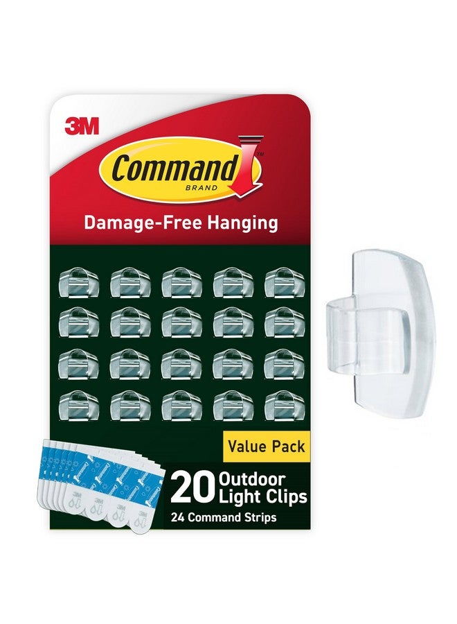 Command Command Outdoor Light Clips, 20 Clear Clips and 24 Command Strips, Damage Free Hanging Outdoor Light Clips with Weather Resistant Strips, Wall Clips for Hanging Outdoor Lights and Cable Management  - Image 1