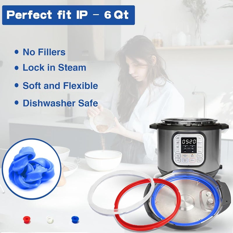 Fuator 3 Pack Sealing Ring 6 Qt for Instant Pot Sealing Rings for 5/6 Qt Insta Pot, With 3 Float Valve Caps, Food-grade Silicone Instantpot 6Qt Sealing Ring, for Instant Pot 5&6 Qt, Red, Clear and Blue - Image 4