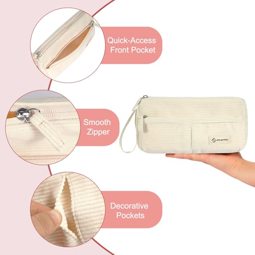FINPAC Pencil Case Corduroy Triangle Makeup Bag Kawaii Pen Bag Pouch Holder Box Organize for Study Office or Travel Beige - Image 3