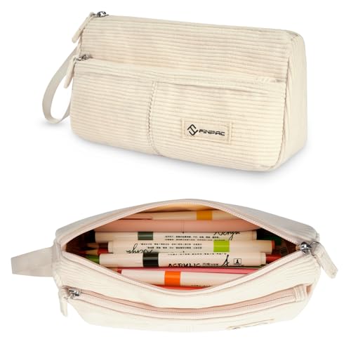 FINPAC Pencil Case Corduroy Triangle Makeup Bag Kawaii Pen Bag Pouch Holder Box Organize for Study Office or Travel Beige - Image 1