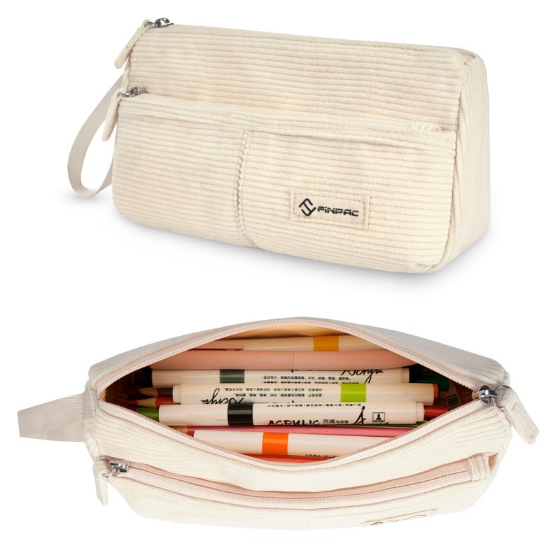 FINPAC Pencil Case Corduroy Triangle Makeup Bag Kawaii Pen Bag Pouch Holder Box Organize for Study Office or Travel Beige - Image 2