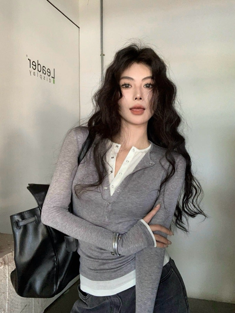 Tea-style Womens 2024 Autumn Slim-fit Chic Fake Two-piece Unique Thin Top with Henry Collar Contrast Color Shoulder T-shirt Gray [high quality]