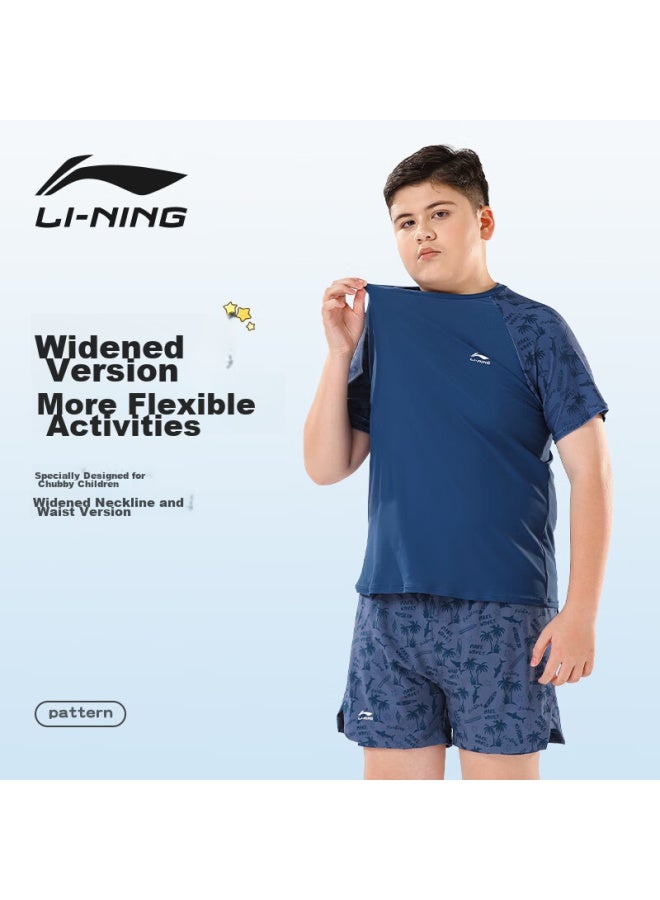 لي-نينج Li-ning ملابس سباحة للأطفال، بدلة سباحة من قطعتين للأولاد، للأطفال الأكبر سنًا والسمينين، سراويل سباحة، 8821 رمادي-أزرق، المقاس 160 - Image 3