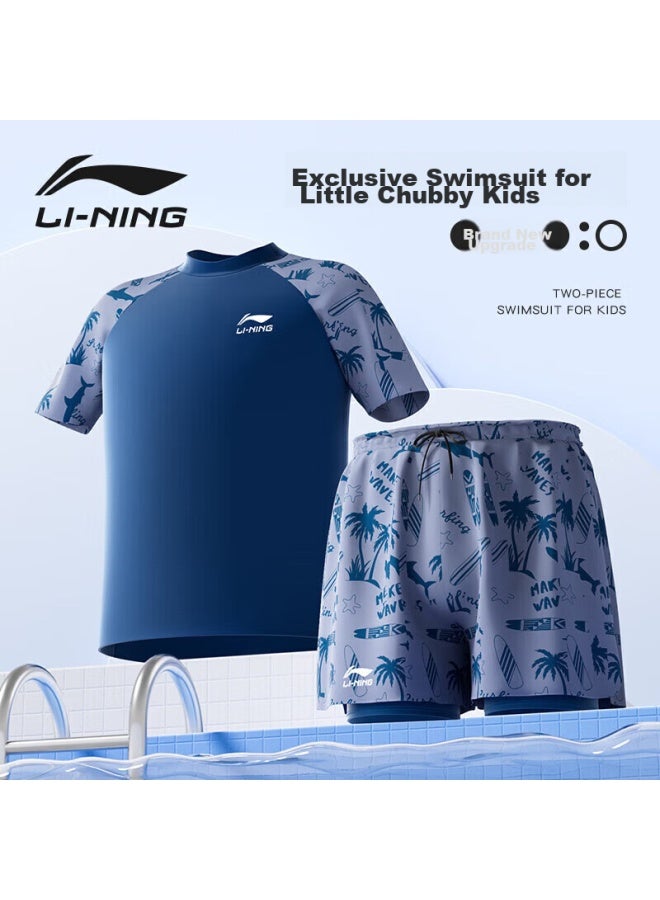 لي-نينج Li-ning ملابس سباحة للأطفال، بدلة سباحة من قطعتين للأولاد، للأطفال الأكبر سنًا والسمينين، سراويل سباحة، 8821 رمادي-أزرق، المقاس 160 - Image 1