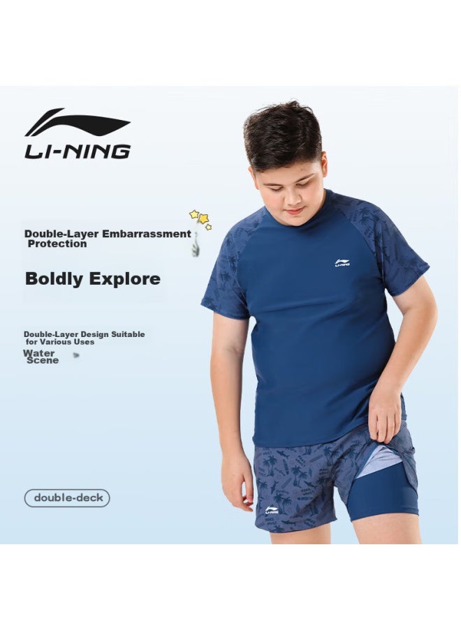 لي-نينج Li-ning ملابس سباحة للأطفال، بدلة سباحة من قطعتين للأولاد، للأطفال الأكبر سنًا والسمينين، سراويل سباحة، 8821 رمادي-أزرق، المقاس 160 - Image 4
